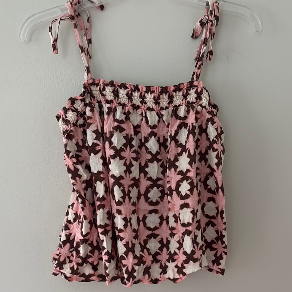 LOFT Pink and Brown Smocked Tank Top